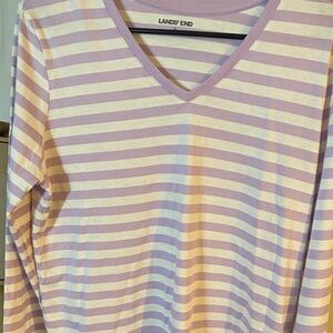 Lands' End Lavender and White Striped V-Neck Shirt
